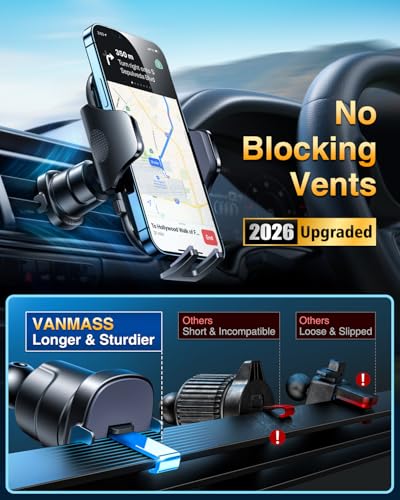 [True Military-Grade] Car Phone Holder VANMASS [Upgraded Strongest Suction&Clip] Cell Phone Mount for Dashboard Windshield Vent Kit, Truck Cradle Stand for iPhone 18 Pro Max 17 16 15 Android,Ink Black - color: Ink Black