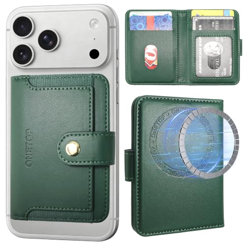 ONETOP for MagSafe Wallet,Magnetic Phone Wallet with 5 Card Slots,Green | 1-12 Cards/Cash Holder for iPhone 17/16/15/14/13/12 Series,Detachable Wallet Stick-On Back,PU Leather RFID Blocking Kickstand - color: Green
