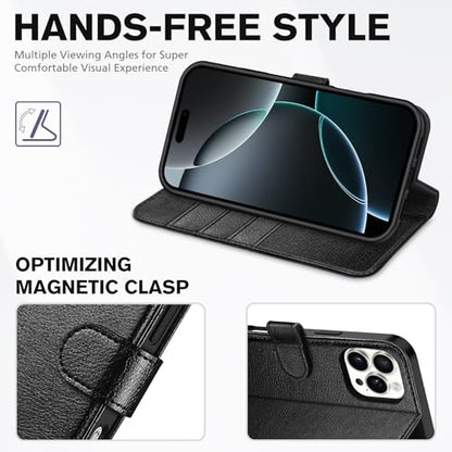TUCCH Wallet Case for iPhone 16 Pro Max (6.9"), Flip Stand, Textured Black | RFID Blocking, 4 Card Holders, Kickstand, PU Leather, Shockproof TPU Shell, Magnetic Closure, Protective Folio Cover - color: Textured Black