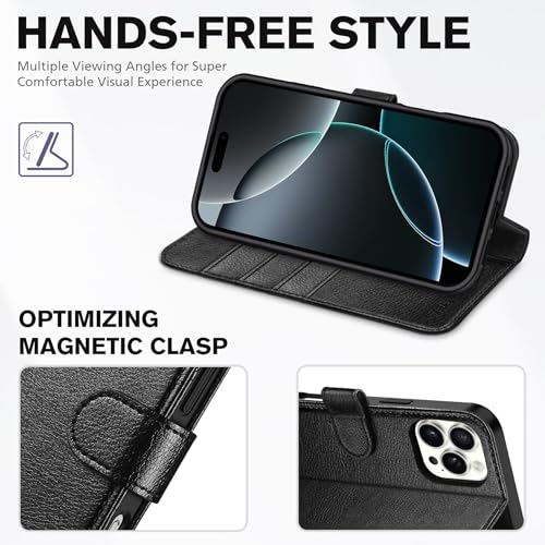 TUCCH Wallet Case for iPhone 16 Pro Max (6.9"), Flip Stand, Textured Black | RFID Blocking, 4 Card Holders, Kickstand, PU Leather, Shockproof TPU Shell, Magnetic Closure, Protective Folio Cover - color: Textured Black