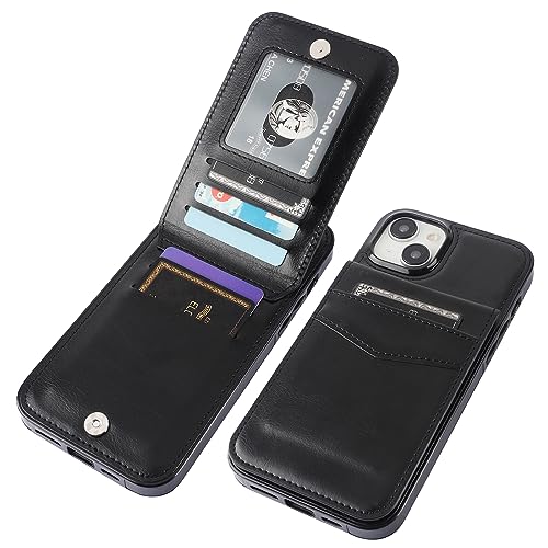 KIHUWEY for iPhone 15 Plus Wallet Case Card Holder Kickstand, Black | Credit Card Slots, PU Leather, Magnetic Clasp, Flip Heavy Duty Protection Cover for Men and Women - color: Black