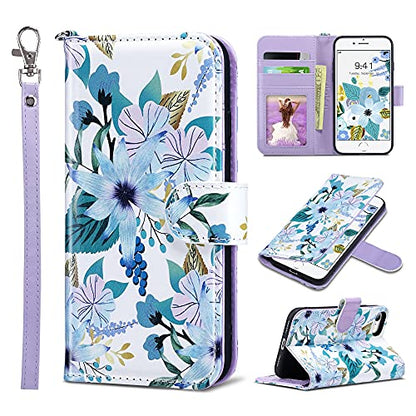 ULAK for iPhone SE 3(2022)/SE(2020)/8/7 Wallet Case with Card Holder, Premium Floral PU Leather Flip Case with Kickstand Card Slots,Wrist Strap, Durable Shockproof Cover 4.7 Inch, Blossom | Premium PU Leather Flip Case with Kickstand Card Slots,RFID Block