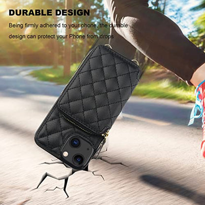 Bocasal Crossbody Wallet Case Card Holder for iPhone 13, Black | RFID Blocking PU Leather Zipper Handbag Purse, Kickstand Flip Folio Case with Card Slots Holder Wrist Strap Lanyard 6.1 Inch - color: Black