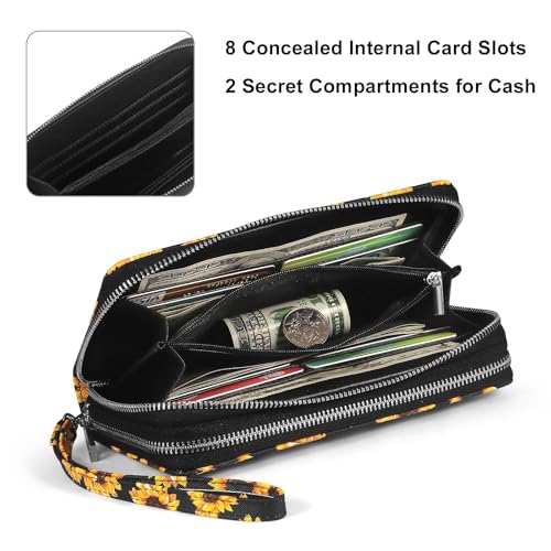 RFID Wallet for Women with Cellphone Pocket - Double Zipper Wristlet Purse Large Capacity, 17 Card Slots, Coin Pocket, Sunflower Print - color: Sunflower