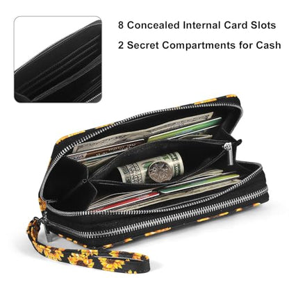 RFID Wallet for Women with Cellphone Pocket - Double Zipper Wristlet Purse Large Capacity, 17 Card Slots, Coin Pocket, Sunflower Print - color: Sunflower