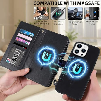 for iPhone 13 Pro Max Case Wallet,Compatible with MagSafe 2 in 1 Magnetic Detachable PU Leather RFID Blocking Wallet Cover Card Holder Zipper Wrist Strap Lanyard,Quilted Black - color: Quilted Black, size: iPhone 13 Pro Max