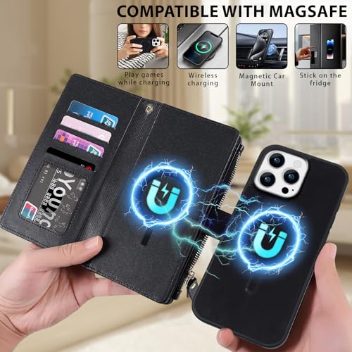 for iPhone 14 Pro Max Case Wallet,Compatible with MagSafe 2 in 1 Magnetic Detachable PU Leather RFID Blocking Wallet Cover Card Holder Zipper Wrist Strap Lanyard,Quilted Black - color: Quilted Black, size: iPhone 14 Pro Max