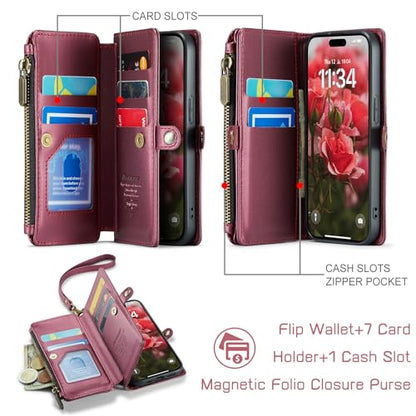 Defencase for iPhone 14 Wallet Case with RFID Blocking Card Holder, WineRed | Durable Soft PU Leather, with Zipper Pocket, Wrist Strap, Fashion Snap Flip Phone Cases Cover with Stand for Women and Men - color: Wine Red