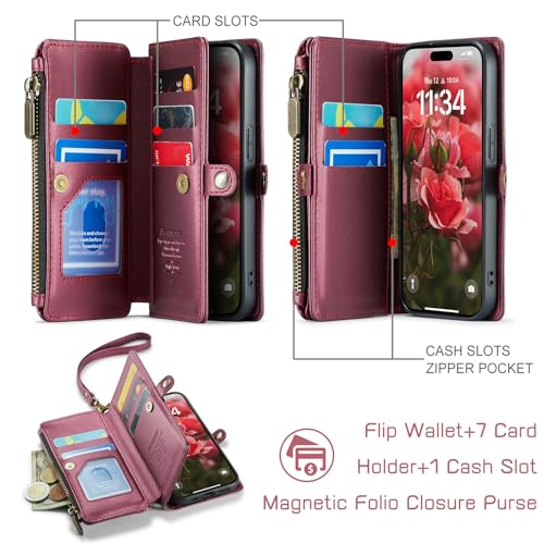 Defencase for iPhone 13 Pro Wallet Case with RFID Card Holder, Wine Red | Durable Soft PU Leather, with Zipper Pocket, Wrist Strap, Fashion Snap Flip Phone Cases Cover with Stand for Women and Men - color: Wine Red