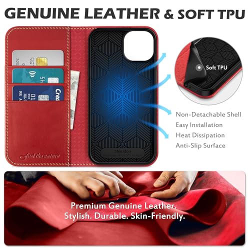 SHIELDON Genuine Leather Folio Wallet Case for iPhone 13 6.1", Retro Red | [RFID Blocking] Case Cover Card Slot Stand Function TPU Effective Protection Shockproof 2021 - color: Red - Retro