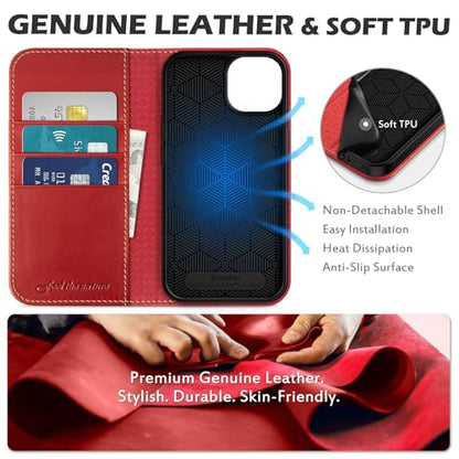 SHIELDON Genuine Leather Folio Wallet Case for iPhone 13 6.1", Retro Red | [RFID Blocking] Case Cover Card Slot Stand Function TPU Effective Protection Shockproof 2021 - color: Red - Retro