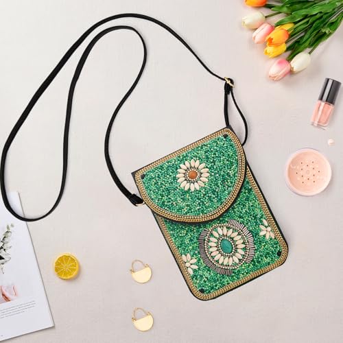 Small Beaded Crossbody Bag for Women, Boho Cell Phone Shoulder Purse Wallet with Handcrafted Colorful Beads - color: Gemstone-green