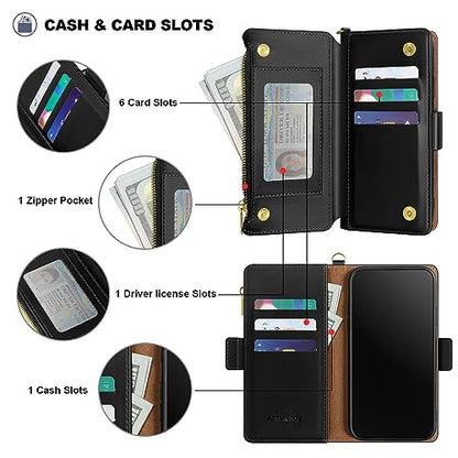 Antsturdy for iPhone 17 Pro Phone Wallet Case Women,Black | RFID Blocking,with Credit Card Holder Slots,PU Leather Purse,Zipper Pocket,Wrist Strap Kickstand,Flip Folio Cover for Men - color: Black