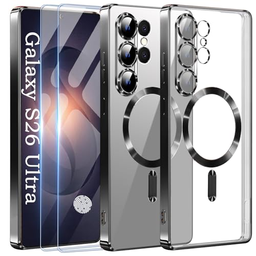 Official Titanium Case for Samsung Galaxy S26 Ultra with 2 Screen Protector,[Compatible with MagSafe][Full Camera Cover] Metallic Glossy Slim Luxury Phone Case for Galaxy S 26 Ultra,Black - color: Black, size: Samsung Galaxy S26 Ultra