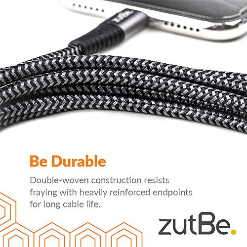 zutBe Shield USB-A to Lightning Silver&Black MFi Certified Lightning Cable, Reinforced Braided Kevlar Charger Compatible with All iPhone 12, SE, 11, X, 8, 7, 6, iPad, iPod (3 Ft) - size: 3 foot