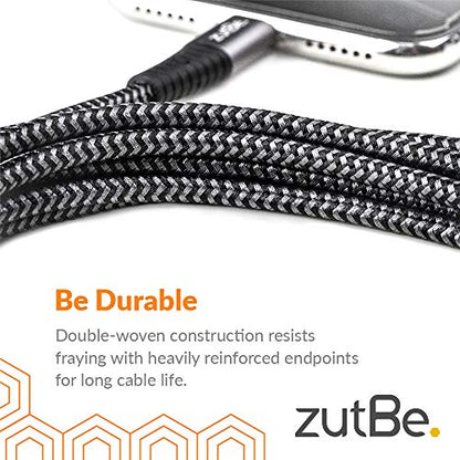 zutBe Shield USB-A to Lightning Silver&Black MFi Certified Lightning Cable, Reinforced Braided Kevlar Charger Compatible with All iPhone 12, SE, 11, X, 8, 7, 6, iPad, iPod (10 Ft) - size: 10 foot