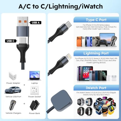 Travel Essentials 3in2 Multi Charging Cable for iPhone Watch Charger,5FT - color: Dark Gray, size: AC to C+L+iWatch