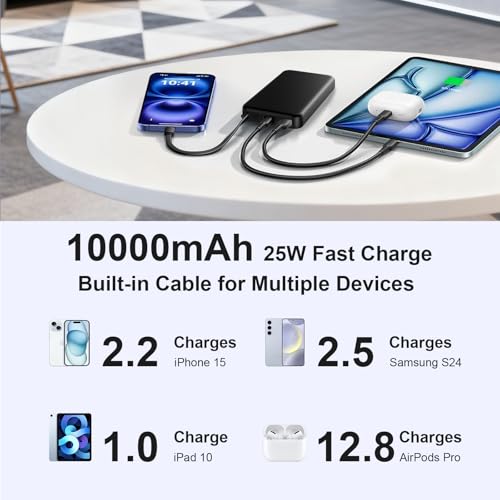 JUOVI Power Bank 25W 10000mAh Portable Charger with Built-in Cable - color: Green