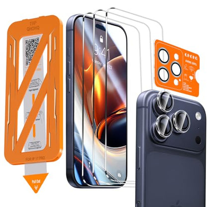 QHOHQ [1-Second Auto-Install] 3 Pack Screen Protector for iPhone 17 Pro [6.3 Inch] + 1 Set Camera Lens Protector, Shatterproof Tempered Glass, [Military Grade Protection], Anti-Finger, Case Friendly - size: iPhone 17 Pro 6.3 Inch
