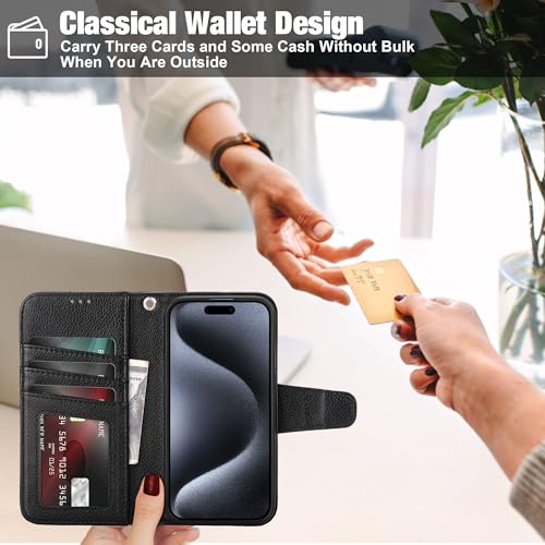 Arae Compatible with iPhone 15 Pro Case with Card Holder and Wrist Strap Wallet Flip Cover for iPhone 15 Pro 6.1 inch Men RFID Blocking Wristlet Kickstand,Litchi Black - color: Litchi Black, size: iPhone 15 Pro 6.1 inch