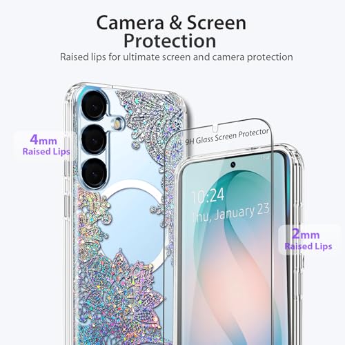 Magnetic for Samsung Galaxy S26 Plus Case, Compatible with MagSafe, Cute for Women Girls, 10FT Military Grade Protective Cover for Galaxy S26 Plus Case Glitter, Clear Bling Lace Mandala - size: 6.7 inch (for Galaxy S26 Plus)