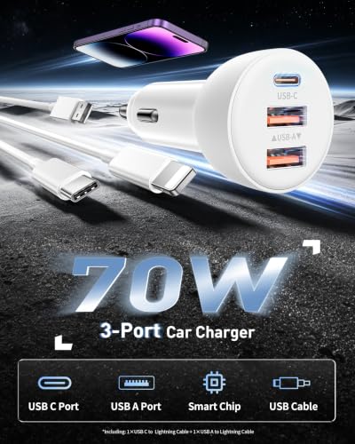 3-Port 70W Fast Car Charger for iPhone 14 13 12 11 Pro Max SE XR XS X 8 7 6 - color: White