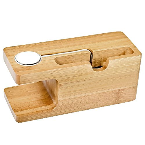 Bamboo Wood Desktop Charging Dock Station Charger Holder Cradle Charge Stand Compatible with iPhone 16 15 14 13 12 11 Pro Max XR XS Max X 8 Plus iWatch 2 3 4 Samsung LG HTC Smartphones - color: 2 in 1 Charger Stand