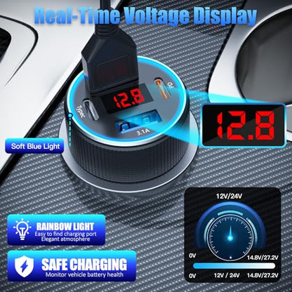 78W 4-Port USB C Car Charger Fast Charging Real-Time LED Voltmeter - color: Black