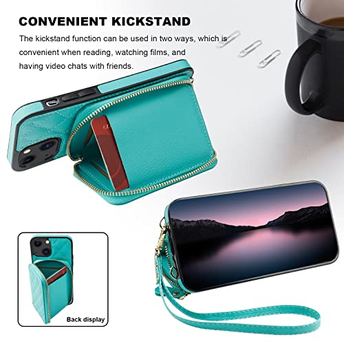 Bocasal Crossbody Wallet Case Card Holder for iPhone 13, Mint Green | RFID Blocking PU Leather Zipper Handbag Purse, Kickstand Flip Folio Case with Card Slots Holder Wrist Strap Lanyard 6.1 Inch - color: Green