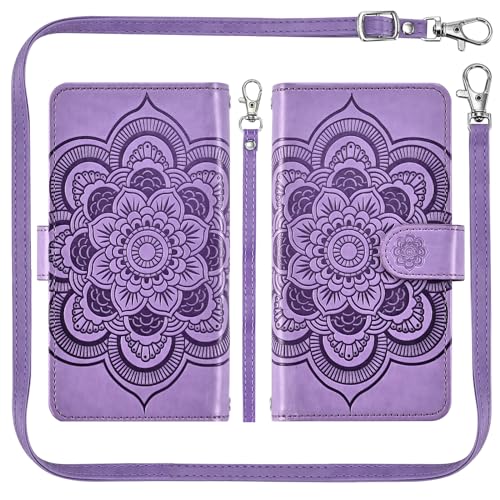 Asuwish Phone Case for Samsung Galaxy S22 5G Zipper Wallet Detachable Cell Cover with Tempered Glass Screen Protector Crossbody Strap Flower Card Holder Slot S 22 22S 4G G5 6.1 inch Women Girls Purple - color: Purple