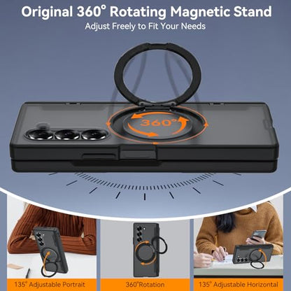 Upgraded 360° Spin Magnetic Invisible Ring Stand for Samsung Galaxy Z Fold 6 Case,[Compatible with MagSafe][S Pen Holder][Hinge Protection][Screen Protector],Shockproof Full Body Phone Cover (Black) - color: Black