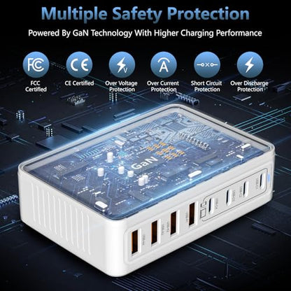 200W GaN 8-Port USB C Charging Station, PD 65W Multi-Device Charger - color: White
