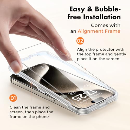 UNBREAKcable 4-Pack iPhone 15 Pro Screen Protector, 9H Hardness | 9H tempered glass | 99.99% HD clarity | Double Shatterproof|alignment frame easy install | case-friendly - size: iPhone 15 Pro