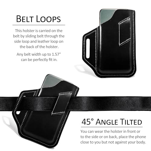 TobbinGear Leather Belt Phone Pouch, Left Handed Leather Cell Phone Holster, Universal Phone Case with Belt Loops, for Men and Women Black Large - color: Loops - Black, size: L - Left Handed