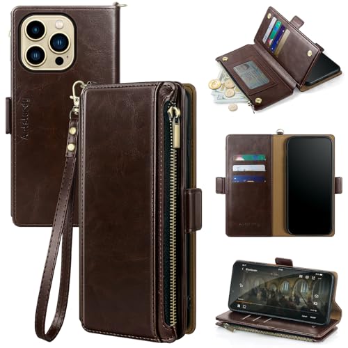 Antsturdy for iPhone 13 Pro Max Phone Wallet Case Women,Coffee | RFID Blocking,with Credit Card Holder Slots,PU Leather Purse,Zipper Pocket,Wrist Strap Kickstand,Flip Folio Cover for Men - color: A-Coffee