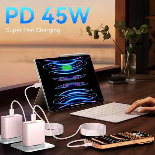 Phone 17 16 Pro Max Charger Fast Charging, 45W Super Fast USB C Charger Block with 10FT Nylon Braided Charging Cable for 17 16 Pro Max/17 16 Pro/16 Plus,15 Pro Max/15 Pro/15/Air, Android Phone-Pink - color: pink+gray, size: 10 Ft