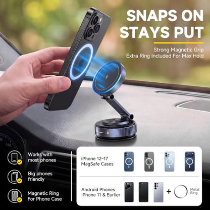 Magnetic Phone Holder for Car Wireless Charging, 15W Fast Wireless Car Charger with Vacuum Suction, 360° Adjustable Magnetic Mount for Dashboard & Windshield, Hands-Free for MagSafe iPhone & Android - size: for Magnetic General PM