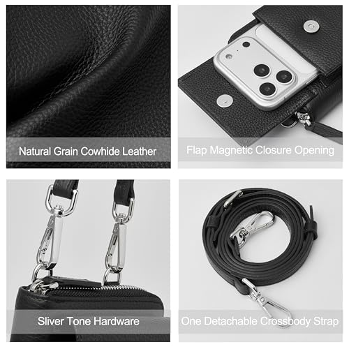 DORIS&JACKY Small Leather Crossbody Purse and Cell Phone Wallet for Women | RFID Blocking Shoulder Bag with Front Phone Pocket, Come with Long Detachable Strap and 12 Credit Card Slots - color: 1-black