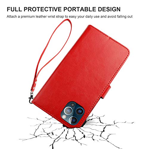Bocasal Detachable Wallet Case Card Holder for iPhone 13 Pro Max Red | RFID Blocking Kickstand Card Slots Holder PU Leather Magnetic Shockproof Wrist Strap Removable Flip Protective Cover 6.7 inch - color: Red