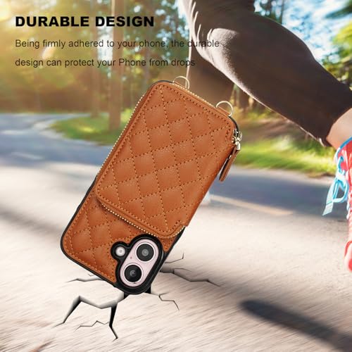 Bocasal Crossbody Wallet Case Card Holder for iPhone 16, Brown | RFID Blocking PU Leather Zipper Handbag Purse, Kickstand Flip Folio Case with Card Slots Holder Wrist Strap Lanyard 6.1 Inch - color: Brown