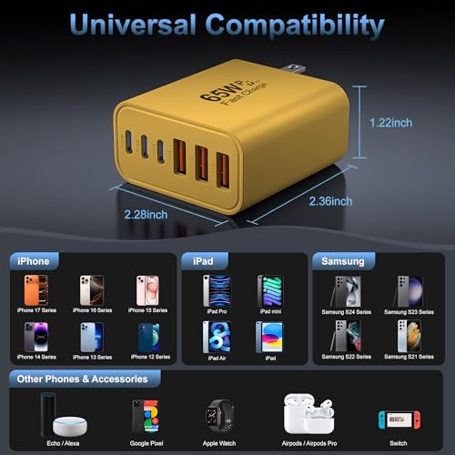 65W USB C Charger Block,6-Port Multi Device Fast Charger PD QC Wall Adapter - color: Yellow, size: 65w