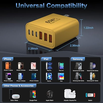 65W USB C Charger Block,6-Port Multi Device Fast Charger PD QC Wall Adapter - color: Yellow, size: 65w