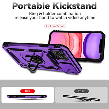 for iPhone 11 Pro Case with Camera Lens Cover HD Screen Protector, Dual Layer Military Grade Drop Protection Magnetic Ring Holder Kickstand Protective Phone Case for iPhone 11 Pro 5.8 inch (Purple) - color: Purple with camera cover Military-Grade 2nd gen