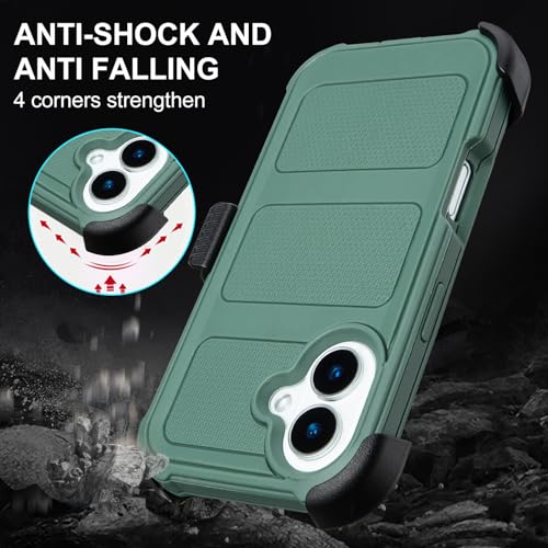 for Defender Case iPhone 16 Phone Case with Belt Clip Heavy Duty Dark Green | Protective iPhone 16 Cases Kickstand Rugged with 2 Layers of Sturdy, Shockproof Phone Cover for iPhone16 Case Black 6.1 inch - color: Dark Green