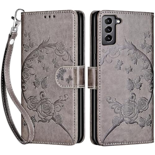 for Samsung Galaxy S22 Wallet case, Gray Flower | 3 Card Holders, Kickstand, Shockproof TPU Shell, PU Leather, Magnetic Closure, Protective Flip Folio Cover, Women - color: 9