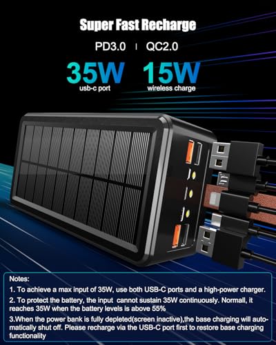 80000mAh Power Bank 35W Fast Charging Wireless Solar Charger - High Capacity Charger Power Bank for Camping, Travel, Emergencies, Tech Devices | 7-Port PD/USB-C, LED Flashlight (Black)