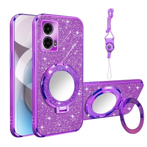 for Moto G 5G 2024 Case with Magnetic Ring Stand Built in Mirror & Wrist Strap [MagSafe Compatible] Clear Backshell Glitter Card Soft Shockproof Cover for Motorola Moto G 5G 2024 Case, Purple - color: Purple, size: Motorola Moto G 5G 2024