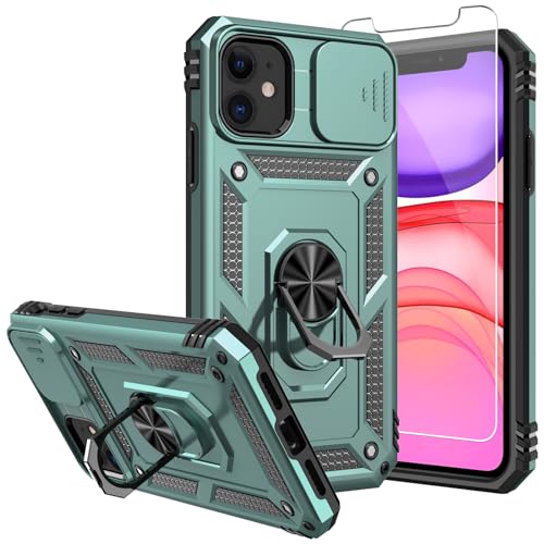 for iPhone 11 Case,with Screen Protectors and Camera Cover,[Military Grade] 16ft.Drop Tested Cover with Magnetic Kickstand Protective Case for iPhone 11 6.1 inch, Green - color: Green