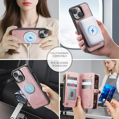 Defencase for iPhone 14 Plus Case Wallet Compatible with Magsafe, Rose Pink | Drop-Proof Magnetic Detachable Phone Cases Cover, with RFID Bolcking Card Holder, Zipper Strap, PU Leather, Removable Wallet - color: (Detachable with Magsafe)-Pink