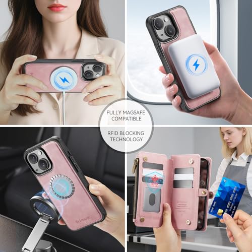 Defencase for iPhone 15 Phone Case Wallet Compatible with Magsafe, Rosepink | Magnetic Detachable, Drop-Proof Protective Wallet Cases Cover, with RFID Bolcking Card Holder, Zipper Strap, Soft PU Leather - color: (Detachable with Magsafe)-Pink